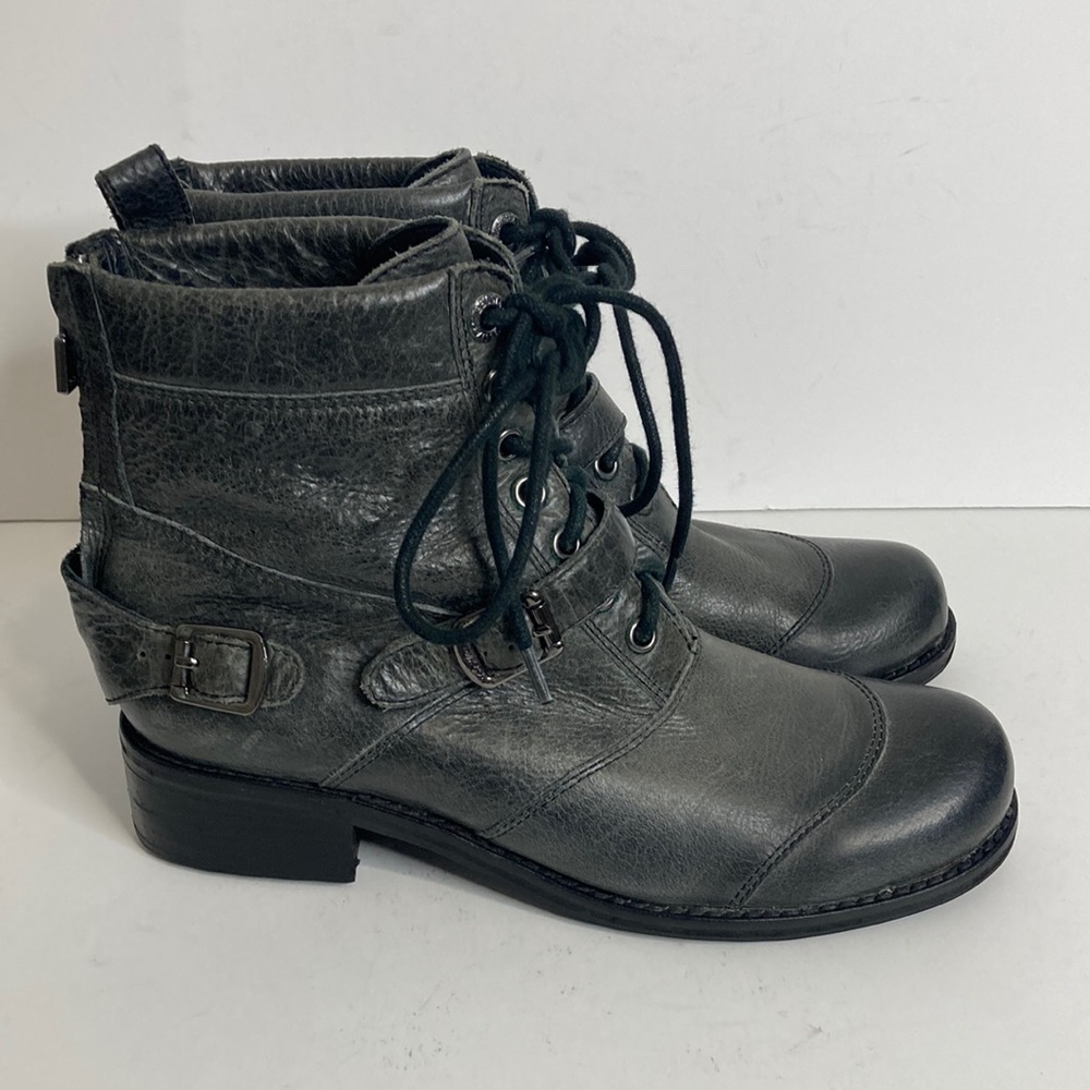 Belstaff Boots Womens 37 6 Gray Leather Lace Up Combat Moto Biker Buckle